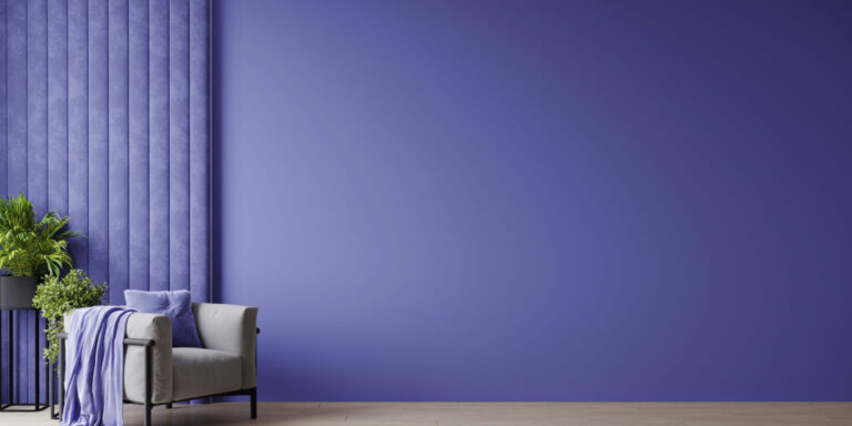 Horizontal space with bright mockup empty wall. Very peri lavender paint color. Living room – modern design interior home. 3d render